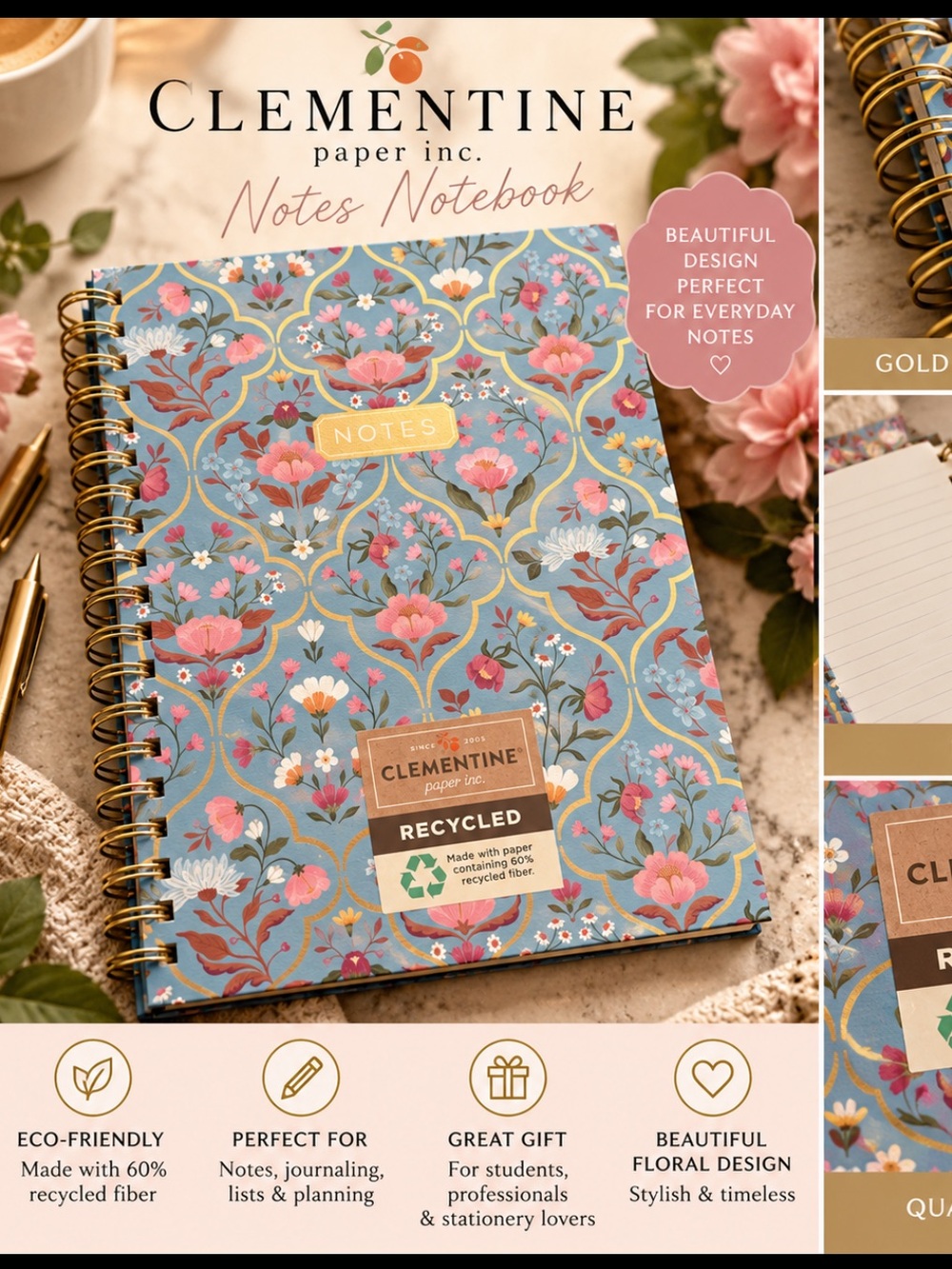 Clementine Floral Spiral Notebook in light blue with Watercolor Blooms